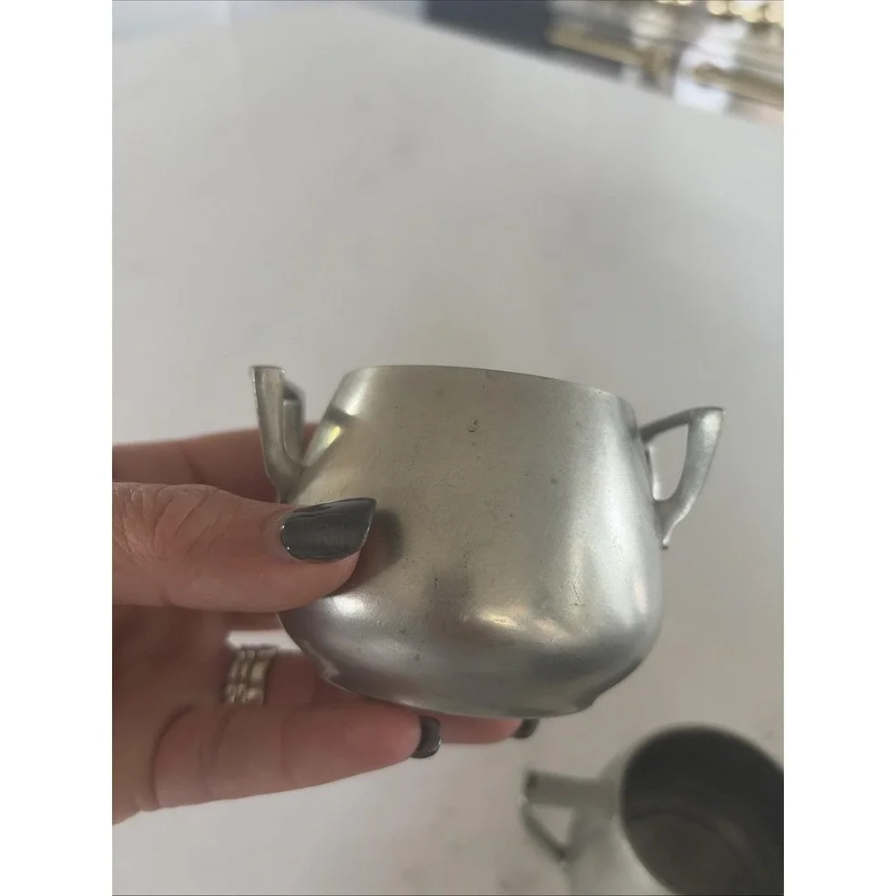 VTG 1940s R. H. Macy & Co. Solid Pewter Creamer & Sugar Bowl Signed Farmhouse